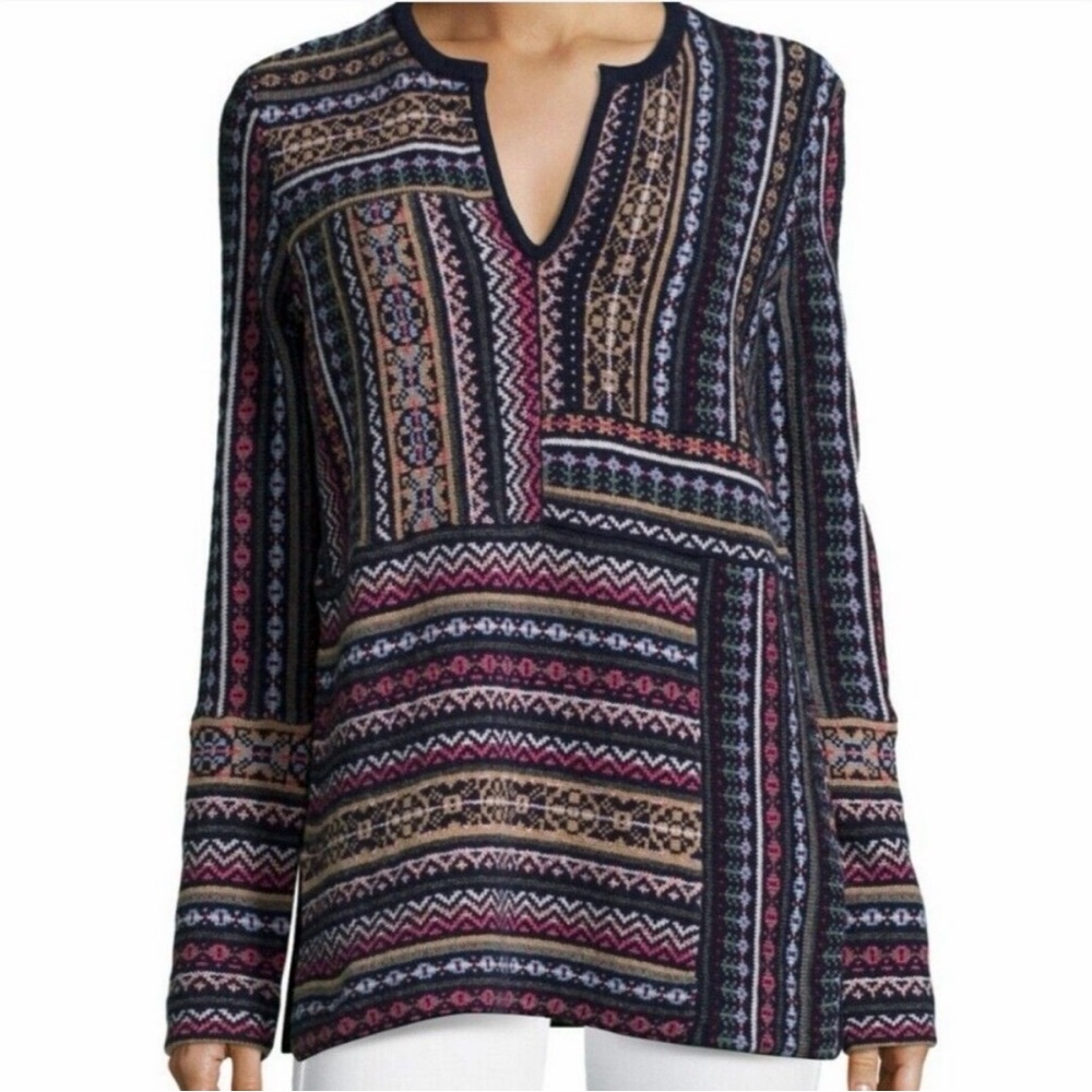 Tory Burch Fair Isle Alpaca Wool V-Neck Boho Tunic Sweater sz S Apres Ski Lodge - Picture 3 of 16